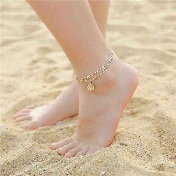 Initial Ankle Bracelets for Women, 14K Gold Plated Double Layered Initial Anklet - Picture 3 of 7